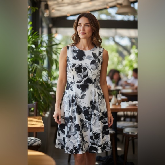 Calvin Klein Dresses & Skirts - Calvin Klein Black and White Floral Midi Dress NWOT